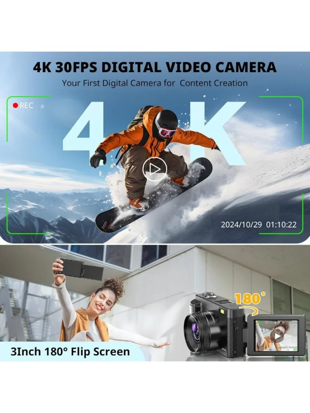 48MP 4K Digital Camera for Vlogging & Photography, 180° Flip Screen, Compact